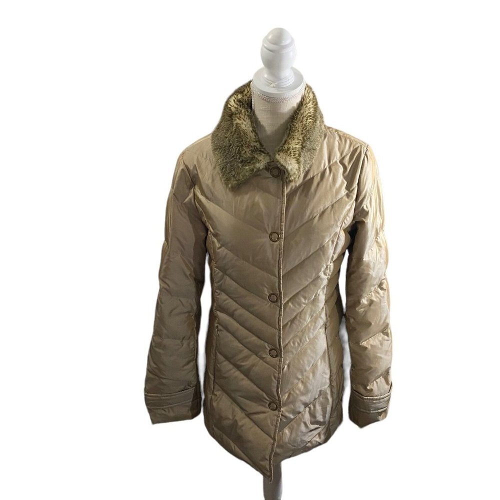 Loft Women Tan Quilted Down Puffer Snap Button Winter Jacket Sz 4 Faux Fur Coat